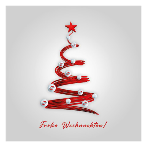 Fröhliche Weihnachten und einen gesunden Start ins neue Jahr Grafik roter Tannenbaum mit Ruland-Christbaumkugeln und Text