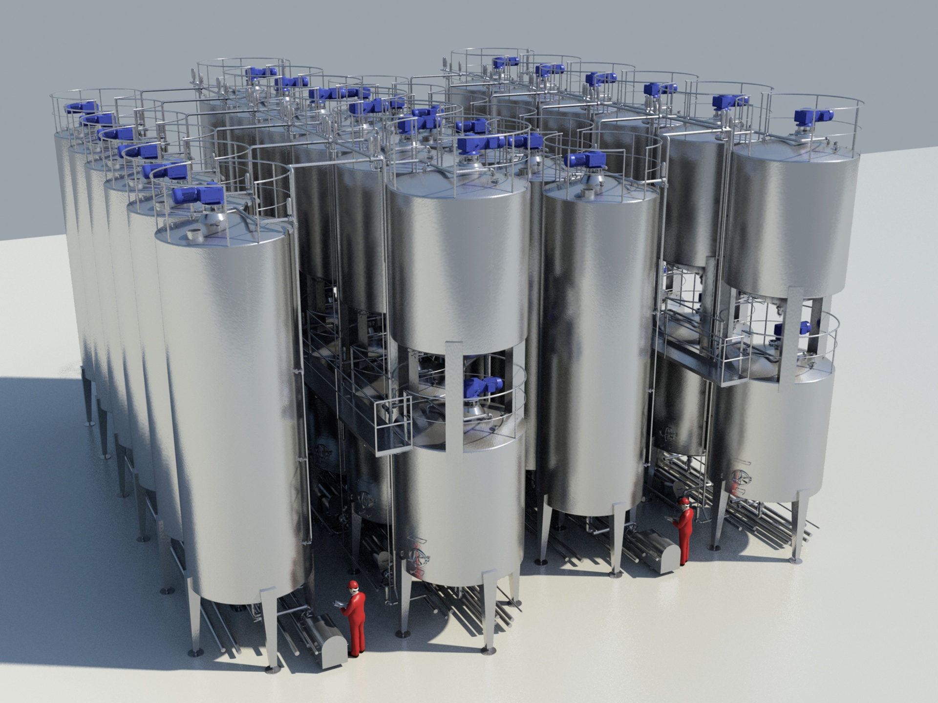 Tank farm with 4 rows of tanks with agitators, 3D drawing