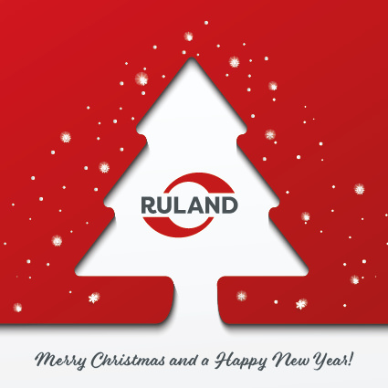 Merry Christmas and Happy New Year! Text English, graphic fir tree with Ruland logo.