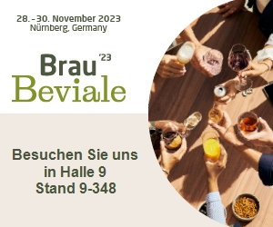 Banner BrauBeviale, 28.-30.11.2023 in Nürnberg. Besuchen Sie uns in Hall 9 Stand 9-348, deutsch